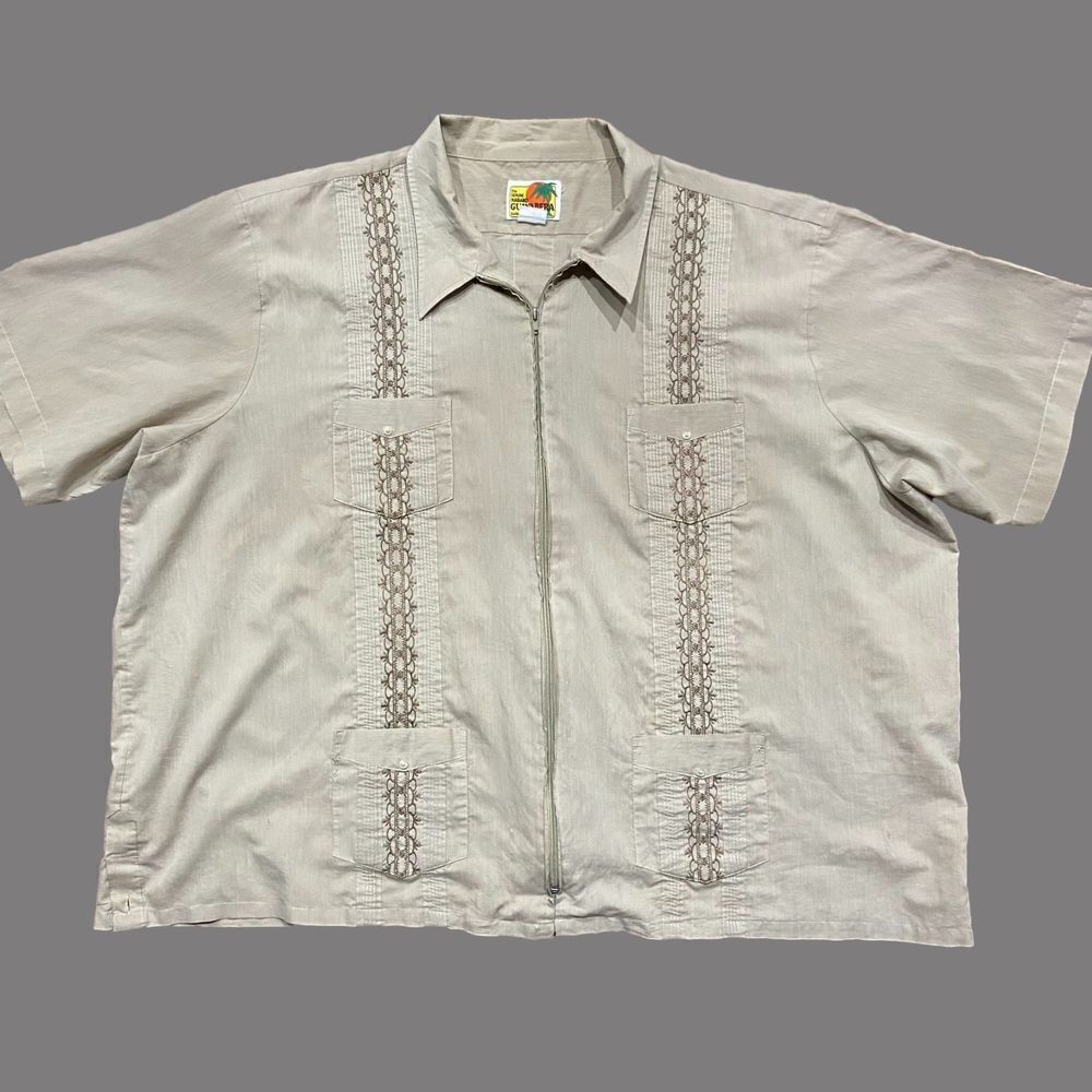 Haband Guayabera Vintage Cuban Tan Embroidered Full Zip Casual Shirt Men's 6XL
